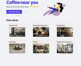 Screenshot of page with 6 thumbnails displaying the name of each shop, and a image belonging to them. There is a button to load shops near your own location.